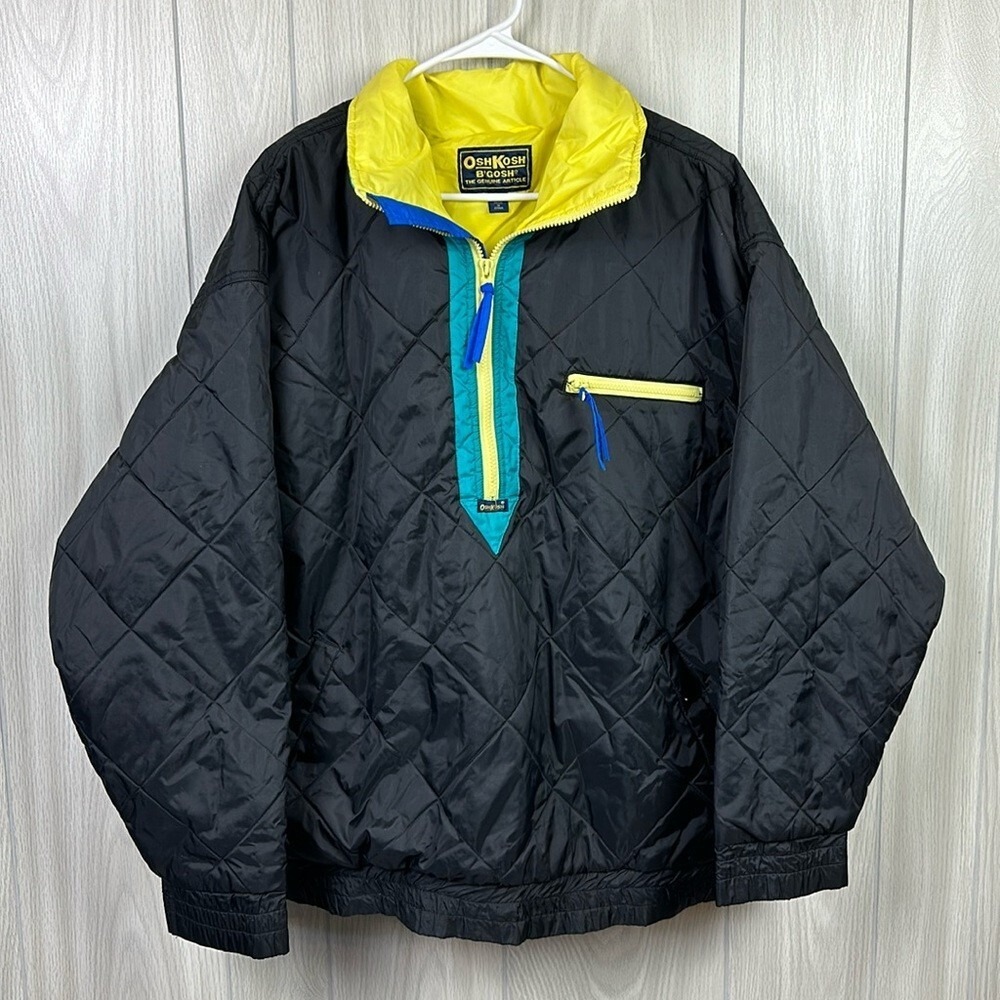 Oshkosh Bgosh Mens Jacket Large Black Quilted Windbreaker Neon 1/4 Zip Retro